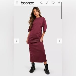 Oversized Ruching Cotton Midi T-Shirt Dress BooHoo, Size 6 Medium